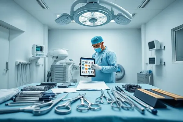 Operating room with surgical instruments prepared for a procedure